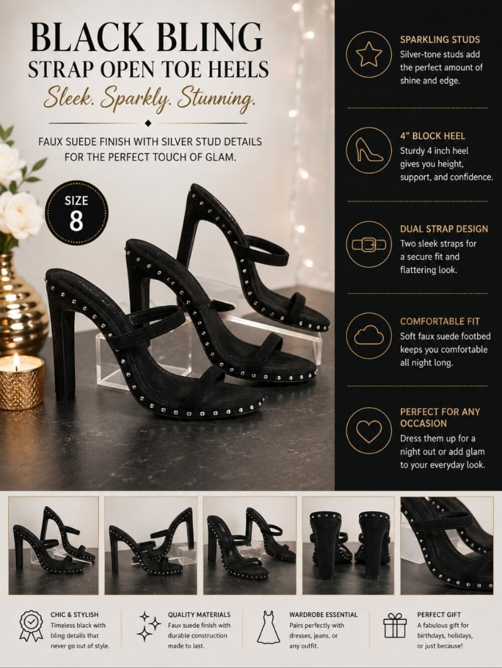 SIZE 8 Black Bling Strap Open Toe Faux Suede 4" Heel